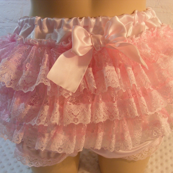 sissy adult baby pink satin diaper cover nappy lacy extra frilly unlined pvc, lined, waterproof lining bloomers  abdl cosplay