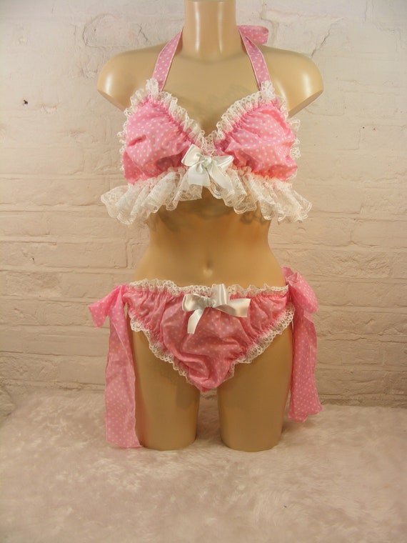 Sissy Pink Spotty Cotton Lace Bra Scrunch Butt Panties Lingerie Underwear  Mens Knickers L Fancy Dress CD TV , -  Canada