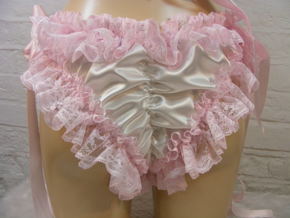 Sissy White Satin Extra Wide Pink Lace Bra Cheeky Side Tie Scrunch