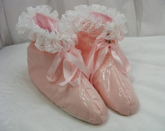sissy adult baby  abdl BABY PINK PVC padded booties slippers any colour size bells  chain lock options