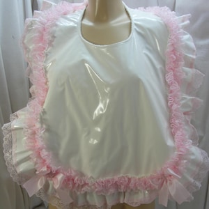 adult baby sissy babY WHITE pvc bib frilly lace padded large ABDL