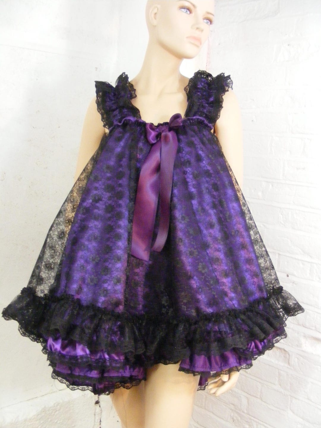 thumbnail image 2 of Satini Satin Babydoll Dress - Ruffle Hem Lingerie With Bow For Feminine Wear & Cosplay 2 of 11