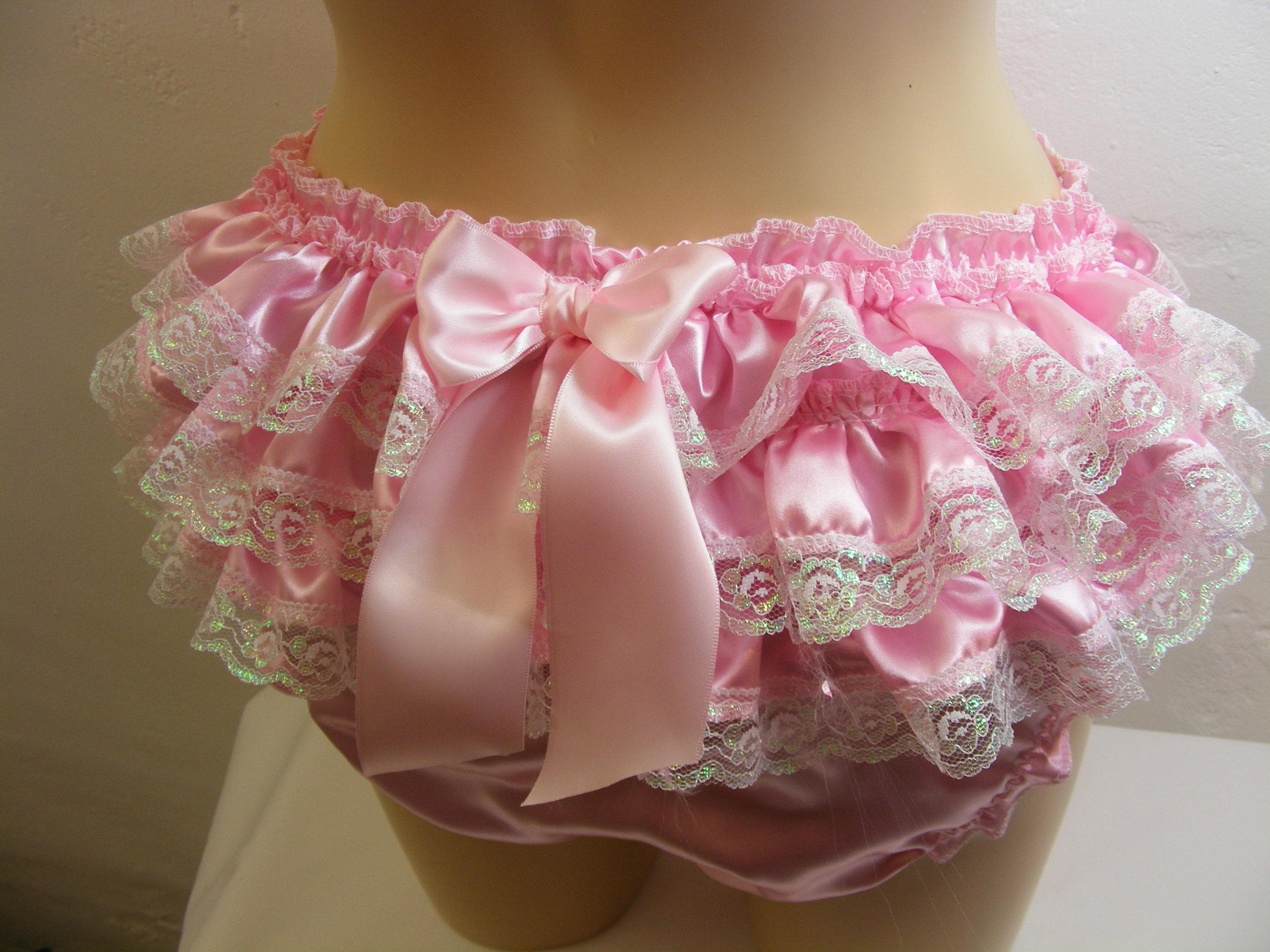 sissy frilly silky satin lace ruffle bum sissy panties white pink lingerie ...