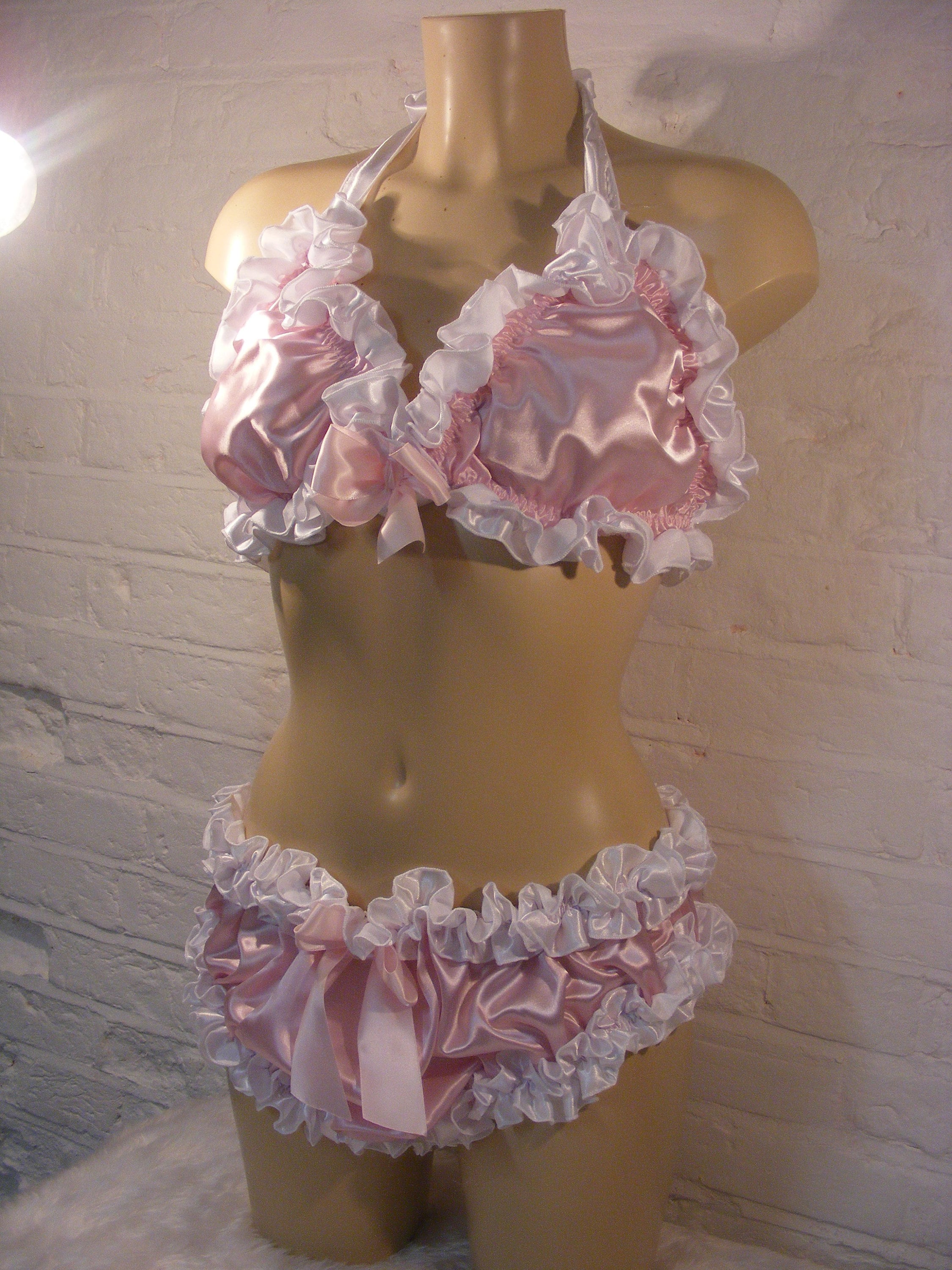 Sissy Pink White Satin Ruffled Bra Panties Set Top Knickers Mens Lingerie  Underwear All Sizes -  New Zealand