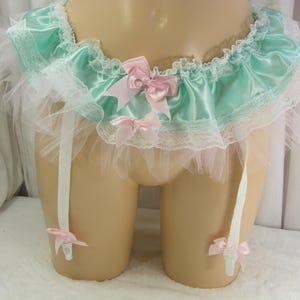 sissy suspender garter belt mint satin  white lace  lingerie knickers panties  waist 30-48 inches ,b20