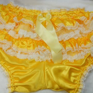 adult baby sissy yellow satin & lace waterproof lined ruffle bloomer diaper cover knickers   plus size  waist 36-60 inches ,b368