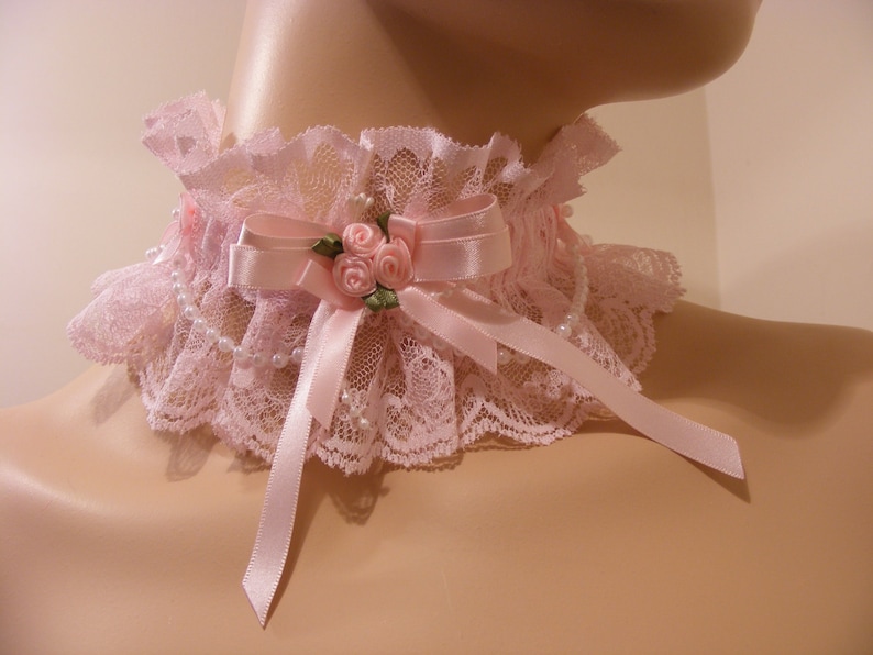 Sissy Choker Adult Baby Ddlg Kitten Pink Lace Beaded Collar Etsy