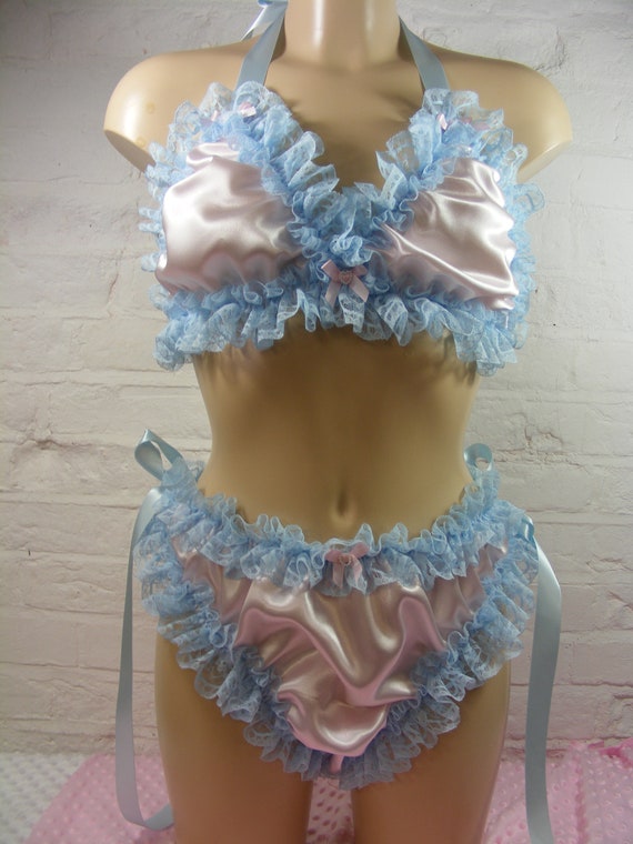 Sissy Blue Pink Satin Lace Bra Cheeky Side Tie Scrunch Panties Set Top  Knickers Mens Lingerie Underwear -  Israel