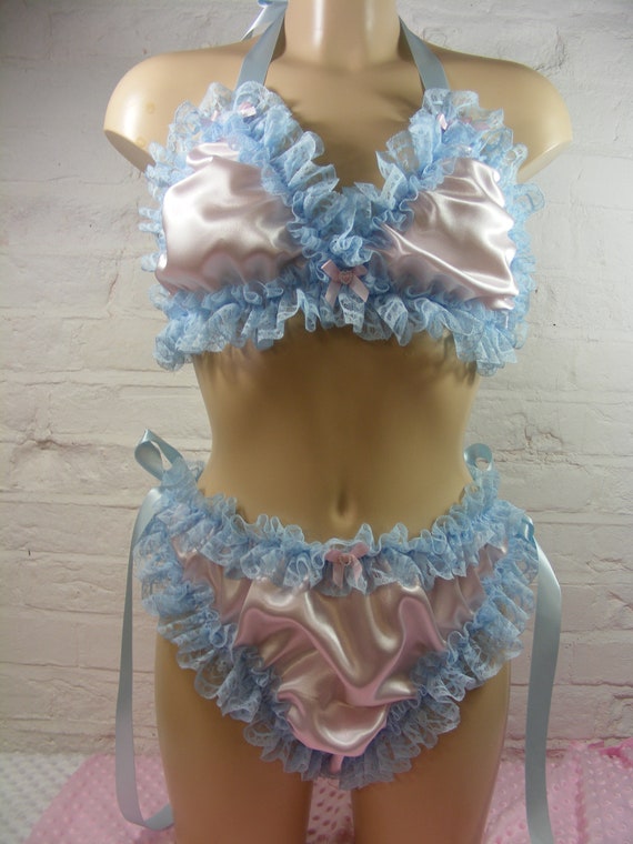 Sissy Blue Pink Satin Lace Bra Cheeky Side Tie Scrunch Panties Set