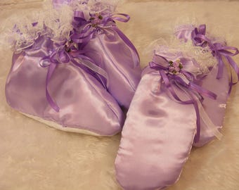 sissy adult baby  abdl set lilac satin padded mittens BOOTIES SLIPPERS any colour size bells  chain lock options