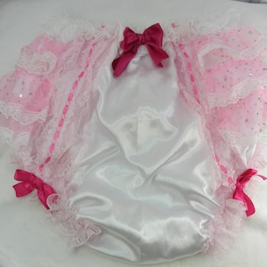 adult baby sissy WHITE satin sequin organza frilly  diaper cover panties BLOOMER knickers cosplay fancy dress waist 32-52 inches ,b339
