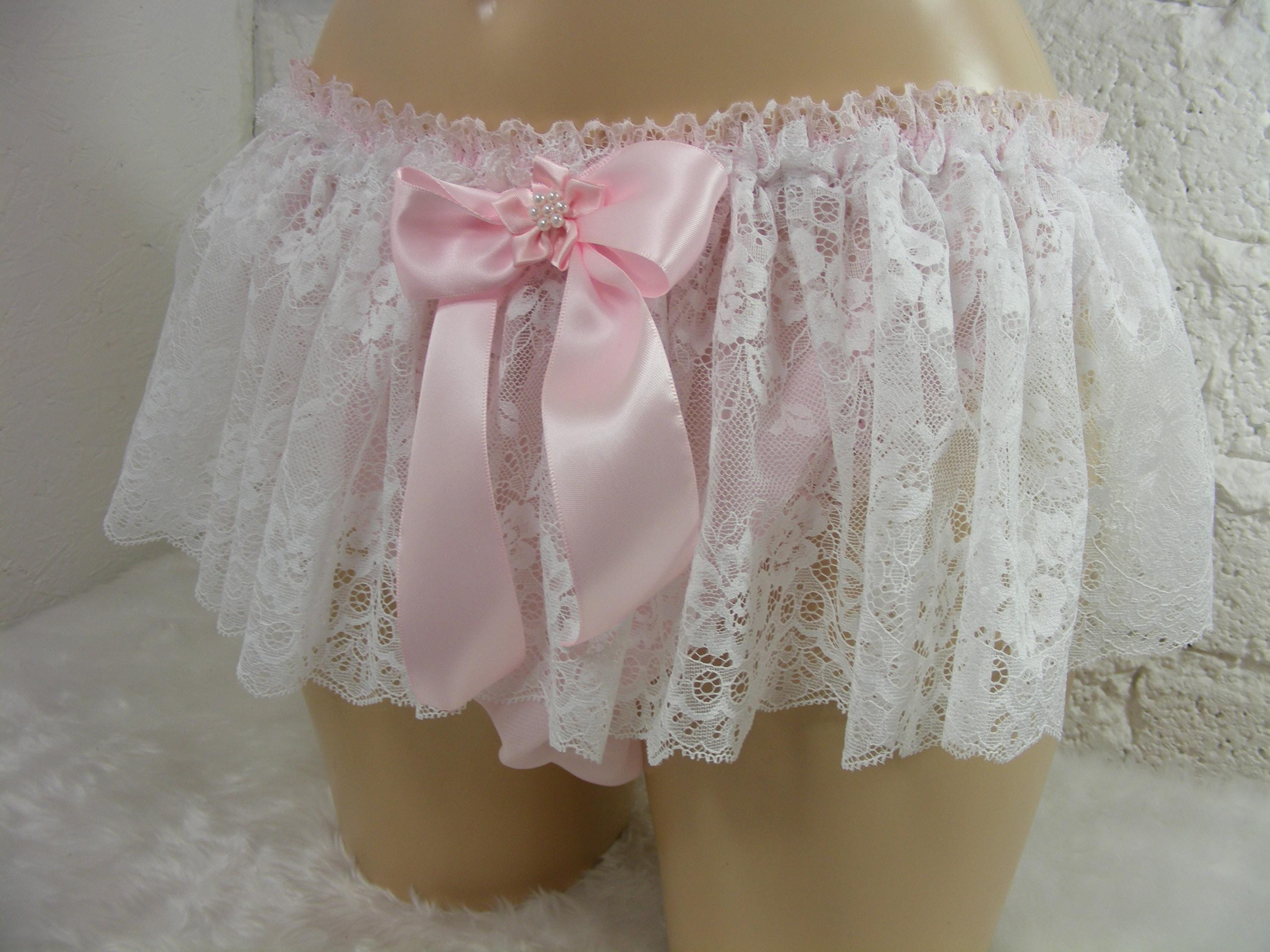 sissy panties pink satin  WHITE lace skirt knickers lingerie underwear mens womens