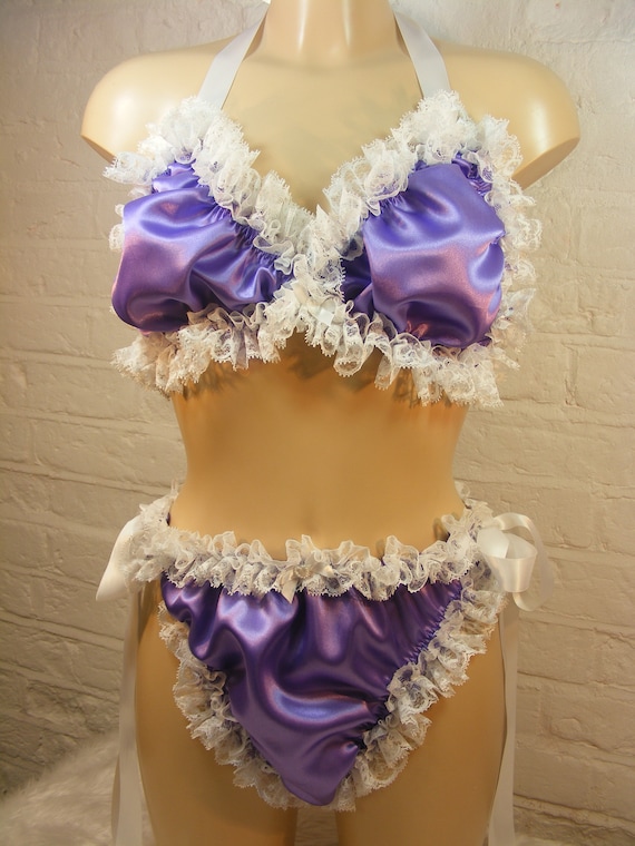 Sissy Purple Satin White Lace Bra Cheeky Side Tie Scrunch Panties