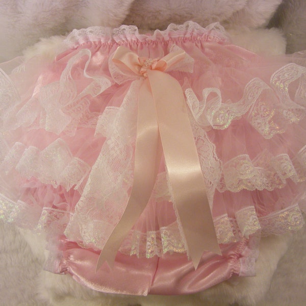 sissy adult baby pink satin diaper cover nappy lacy extra frilly unlined pvc, lined, waterproof lining bloomers  abdl cosplay