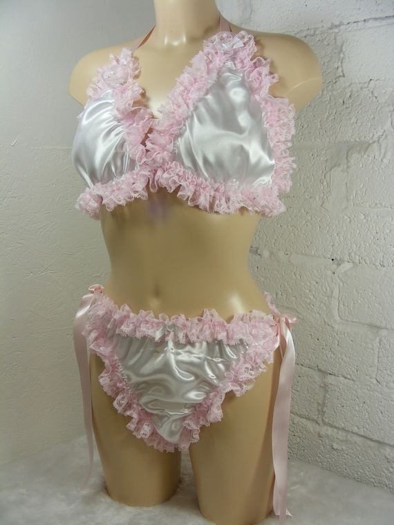 Sissy Pink White Satin Lace Bra Cheeky Side Tie Scrunch Panties