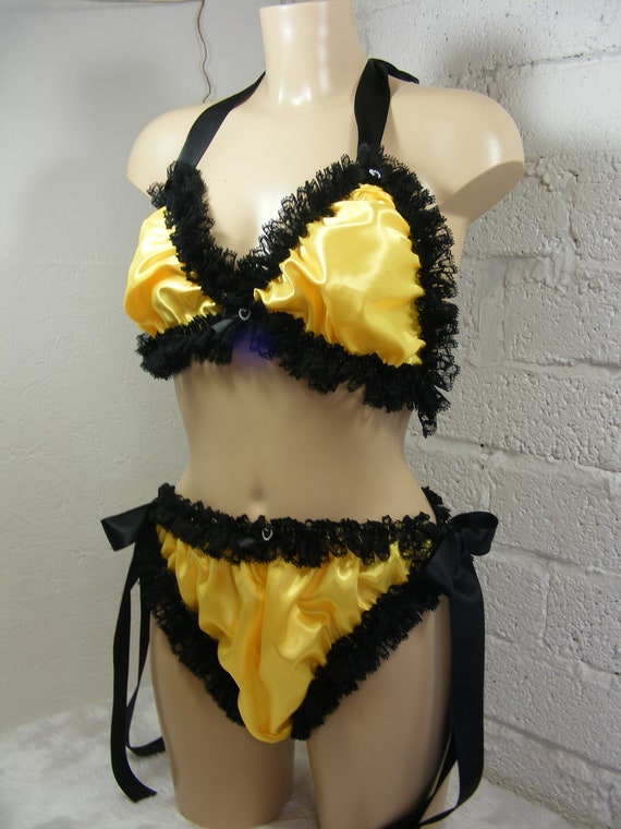Sissy Yellow Satin Lace Bra Panties Set Top Knickers Mens Lingerie Underwear  -  Canada