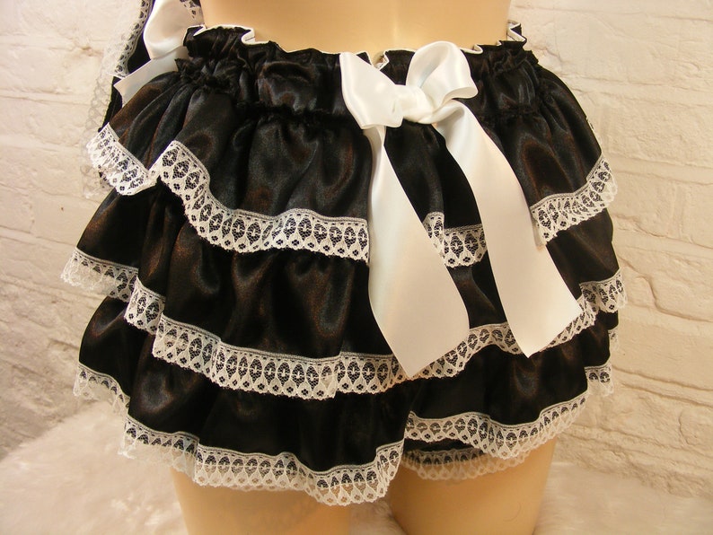 adult baby sissy abdl black and white french maid satin romper sunsuit dungarees frilly bum chain lock image 2