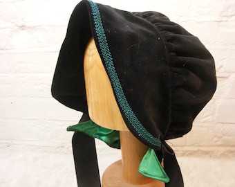 ladies adult black velvet bonnet hat regency edwardian victorian prairie fully lined cosplay re-enactment school fancy dress. b14
