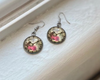 Vintage Inspired Clock face Dangle Earrings