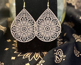 Handmade Light ivory teardrop earrings super lightweight filigree cut out pattern