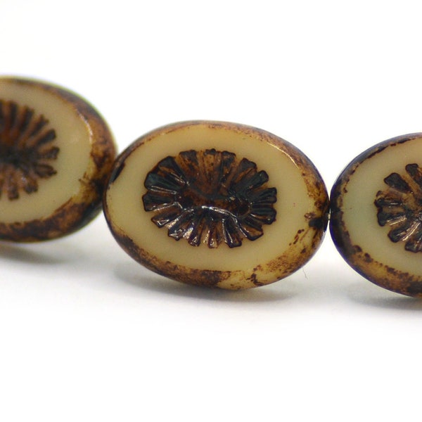 Handmade Czech Glass Carved Starburst Kiwi Oval Beads Opaque Ivory Brown Picasso Finish 14x11mm