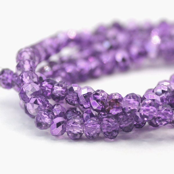 Chinese Crystal Rondelle Glass Beads Transparent Violet Purple Half Metallic Finish 3x4mm