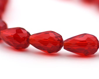 Cuentas de Lágrima Facetadas de Cristal Chino Rojo Cereza Transparente 16x10mm