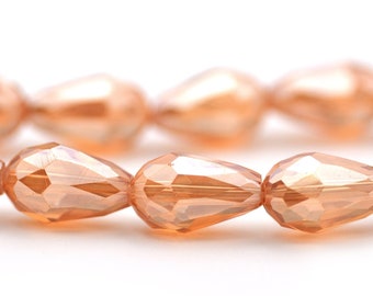 Chinese Crystal Faceted Teardrop Beads Golden Shadow Pale Topaz Yellow Brown Shimmery Finish 16x10mm
