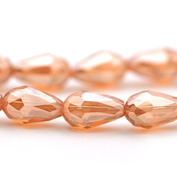 Chinese Crystal Faceted Teardrop Beads Golden Shadow Pale Topaz Yellow Brown Shimmery Finish 16x10mm