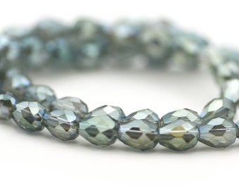 Chinese Crystal Faceted Teardrop Beads Transparent Light Olive Green Shimmery AB Finish 8x6mm