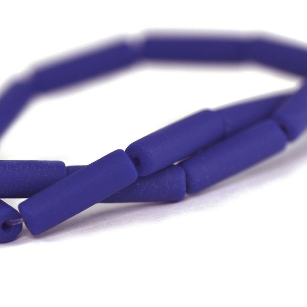 Recycled Eco Friendly Cultured Sea Frosted Glass Tube Beads Matte Opaque Royal Blue 14x4mm