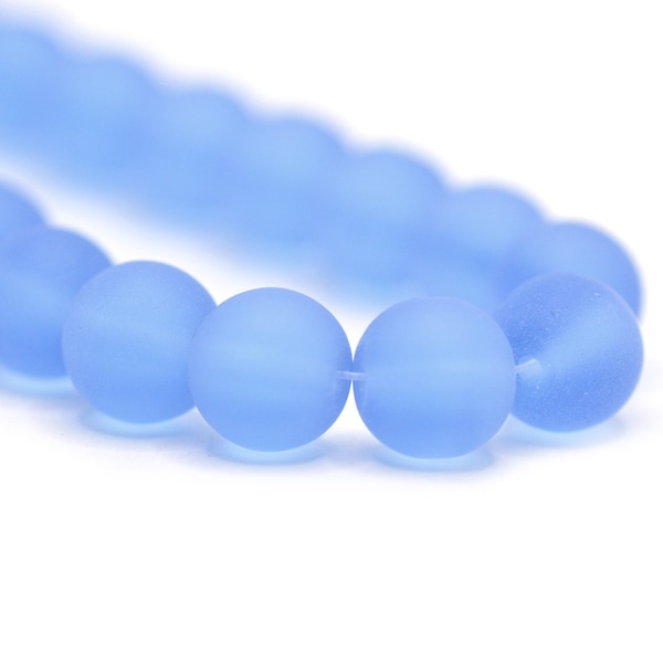 Recycled Cultured Sea Glass Round Beads Matte Light Sapphire Blue 8mm