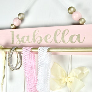 Personalized Hair Bow Holder, Headband Holder, Wooden Beads Holder, Baby Shower Gift, Baby Girl Nursery, Coral Pink, Ivory, Gold, Color