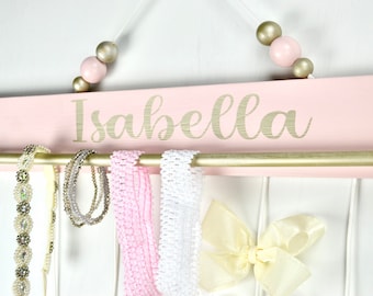 Personalized Hair Bow Holder, Wooden Bead Baby Girl Nursery Decor