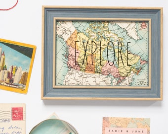 Explore Map | Vintage Canada Map Print | Embroidery Gift for Traveller | Explore Wall Art | Explore Sign | Map Wall DecorLiving Room Decor