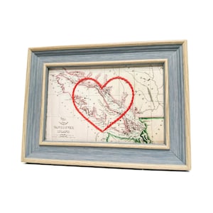 Carte du coeur de l'île de Vancouver | Cadeau d'anniversaire de carte personnalisée | Cadeau Saint Valentin | Carte vintage de l'île de Vancouver, coeur brodé à la main