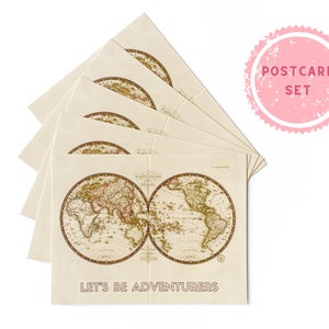 Vintage Map Postcard Set | Set of 5 Postcards | Let's Be Adventurers Map Stationery | Gift for Best Friend | World Map Snail Mail
