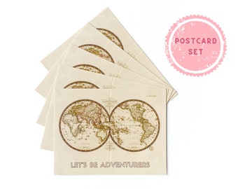 Vintage Map Postcard Set | Set of 5 Postcards | Let's Be Adventurers Map Stationery | Gift for Best Friend | World Map Snail Mail