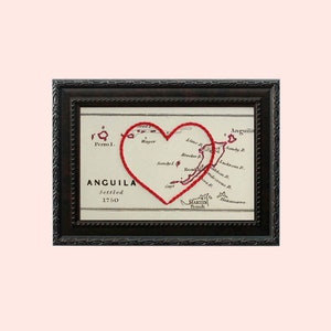 Carte coeur d'Anguilla, oeuvre d'art murale encadrée, cadeau d'anniversaire personnalisé, cadeau de fiançailles personnalisé pour elle, cadeau de Saint-Valentin pour lui