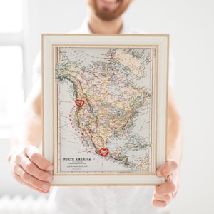 Carte de l'Amérique du Nord des coeurs connectés | Carte interurbaine personnalisée 8 x 10 | Cadeau de fiançailles personnalisé | Cadeau d'anniversaire | Cadeau Saint Valentin