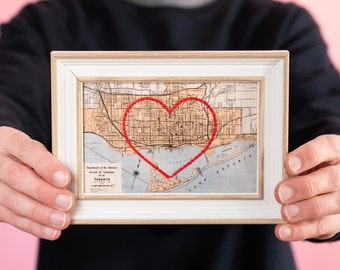 Toronto Heart Map | Custom Map Gift | Personalized Anniversary Gift | Valentines Day Gift | Vintage Map of Toronto Hand-Embroidered Heart