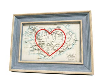 Iceland Heart Map | Custom Map Gift | Personalized Anniversary Gift for Him | Wedding Gift | Vintage Map Print of Iceland Embroidered Heart
