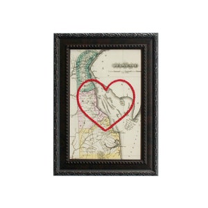 Carte du coeur du Delaware | Cadeau de carte personnalisée | Cadeau d'anniversaire pour lui | Cadeau de mariage encadré | Impression de carte vintage du Delaware, coeur brodé à la main