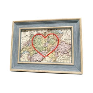 Carte du coeur de la Suisse | Cadeau de carte personnalisée | Cadeau d'anniversaire pour lui | Cadeau de mariage | Impression de carte vintage de la Suisse, coeur brodé à la main