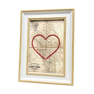 Napa-hartkaart | Aangepast kaartcadeau | Gepersonaliseerd jubileumcadeau | Valentijnsdagcadeau | Vintage kaart van Napa Valley, met de hand geborduurd hart