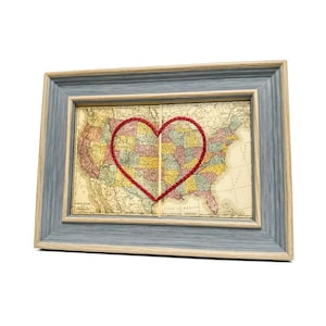 Carte cardiaque des États-Unis | Cadeau de carte personnalisée | Cadeau d'anniversaire personnalisé | Cadeau Saint Valentin | Carte vintage des Etats-Unis, coeur brodé à la main