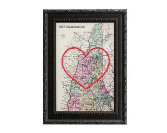 New Hampshire Heart Map | Personalized Map Embroidery Art | Anniversary Gift for Couple | Engagement Gift For Her | Custom Wedding Gift
