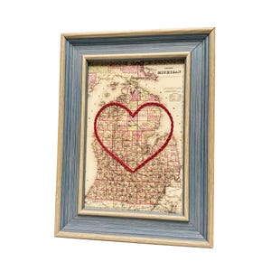 Michigan Heart Map | Custom Map Gift | Anniversary Gift for Him | Wedding Gift | Vintage Map Print of Michigan with Hand-Embroidered Heart