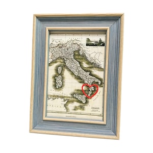 Kalabrien Herzkarte | Benutzerdefinierte Karte Geschenk | Italien Jubiläum Geschenk | Hochzeitsgeschenk | Vintage Landkarte Print von Kalabrien mit handgesticktem Herz