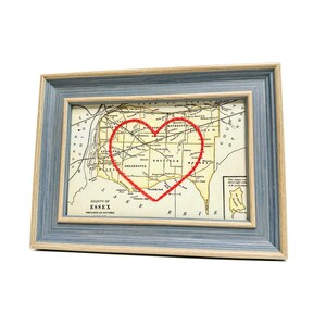 Carte du coeur du comté d'Essex | Cadeau de carte personnalisée | Cadeau d'anniversaire personnalisé | Cadeau Saint Valentin | Carte vintage de l'Essex, coeur brodé à la main